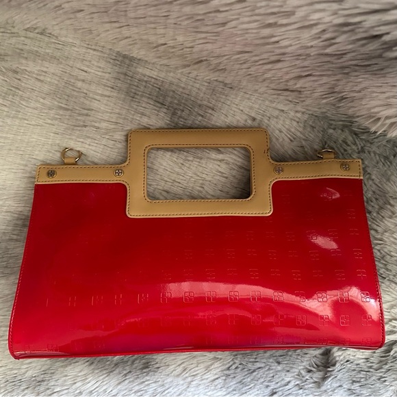 IMAN Red & Tan Vegan Patent Leather Handbag - EUC **Missing shoulder strap - Picture 2 of 9